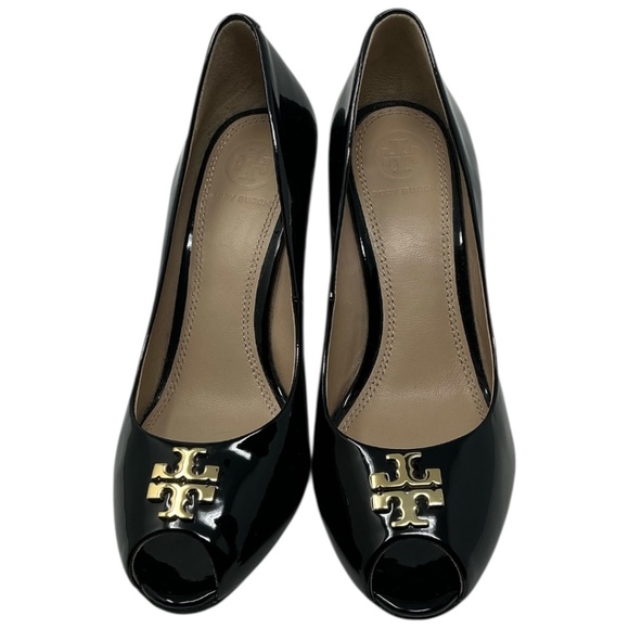 Tory Burch Jade Peep Toe Patent Leather Wedge Heels Pumps Black Sz 6 - Picture 12 of 12